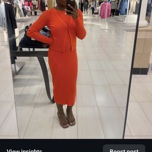 Vibrant Orange Ribbed Knit Dress Set